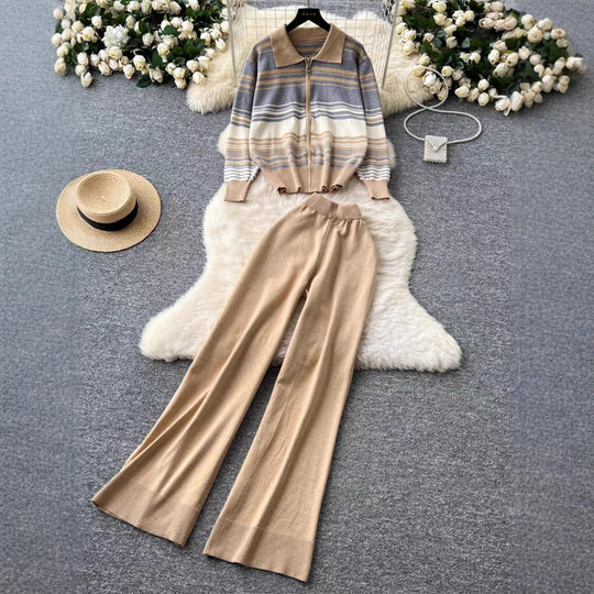 Damen modisches Freizeit-Loungewear-Set mit Reißverschluss und breitem Bein EB