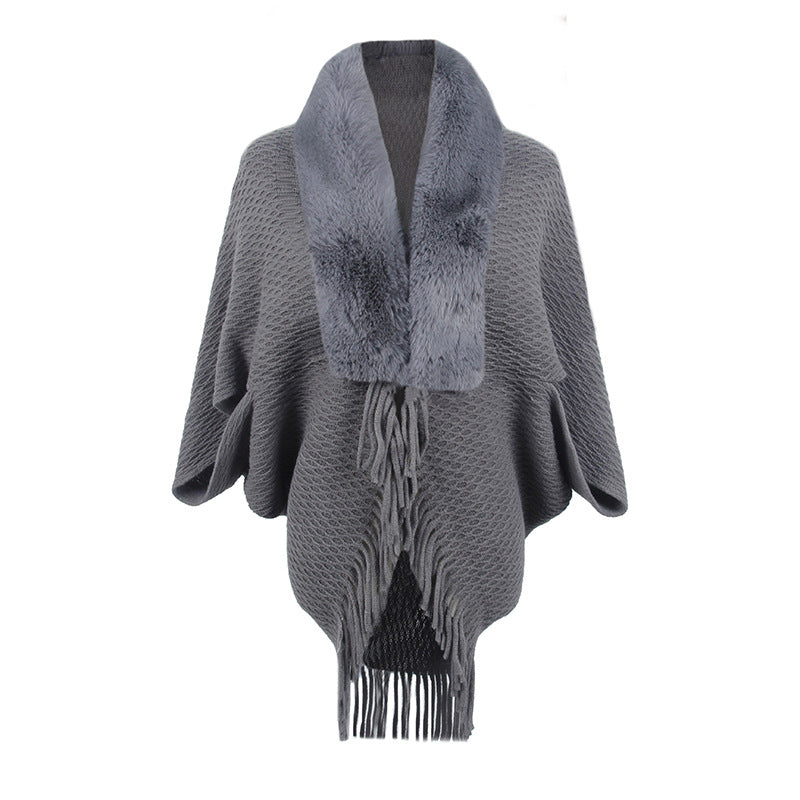 Damen modischer Poncho mit luxuriösem Kunstfellkragen EB