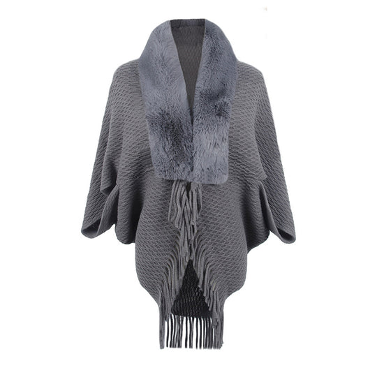 Damen modischer Poncho mit luxuriösem Kunstfellkragen EB