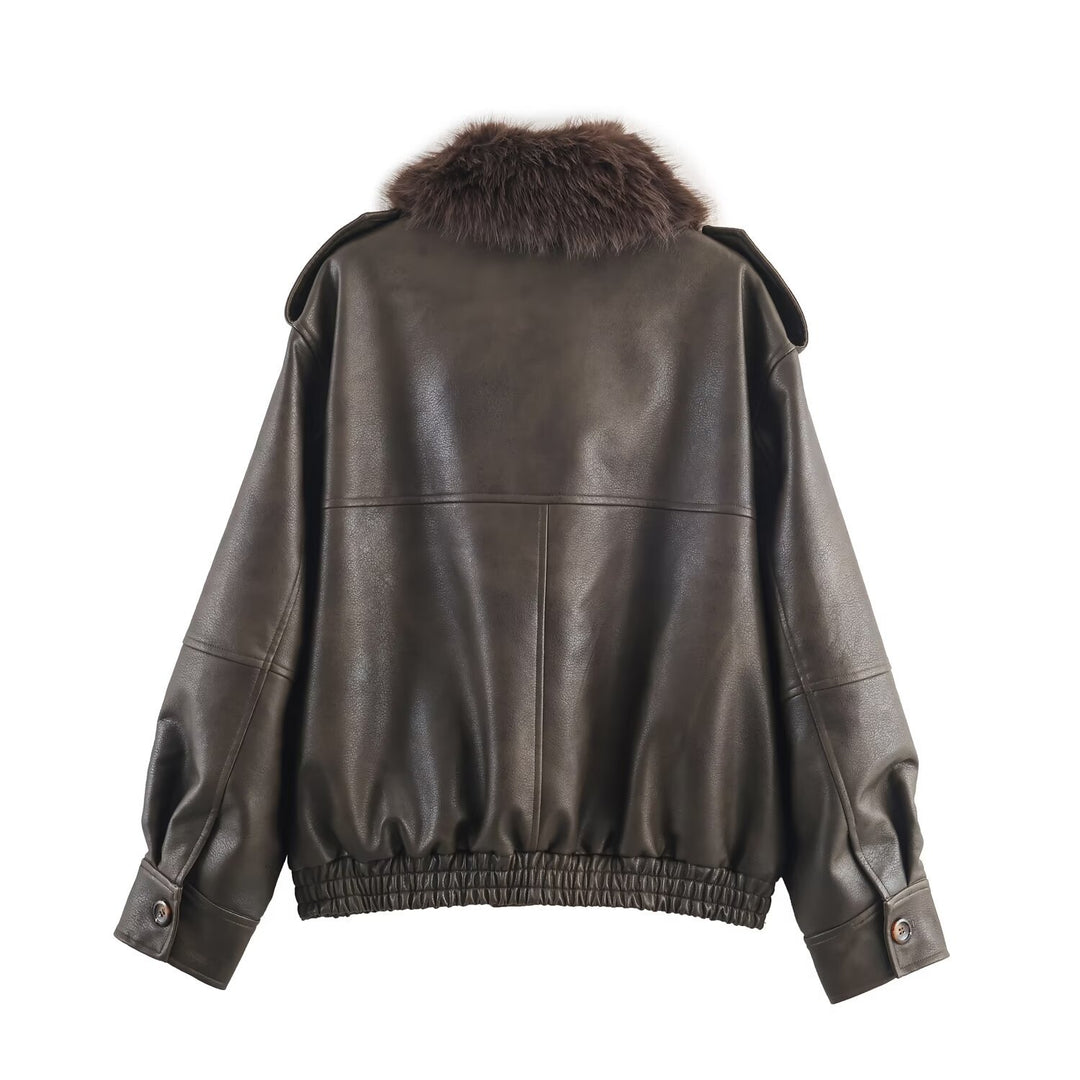 Damen Kunstlederjacke mit abnehmbarer Kunstfellkragen und praktischen Taschen EB