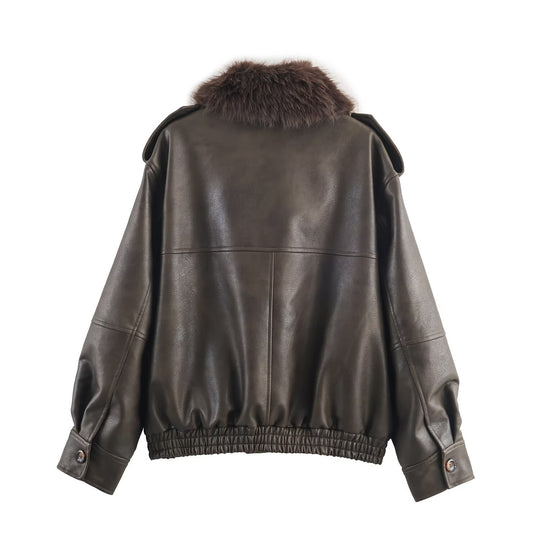 Damen Kunstlederjacke mit abnehmbarer Kunstfellkragen und praktischen Taschen EB
