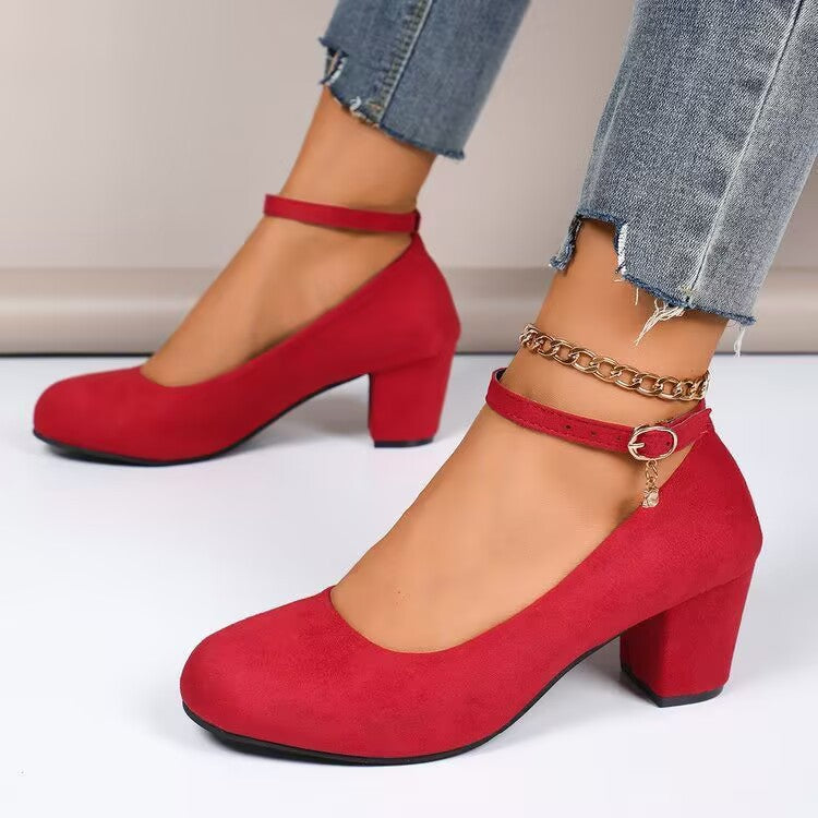 Damen Elegante Pumps mit breitem Blockabsatz und verstellbarem Knöchelriemen EB