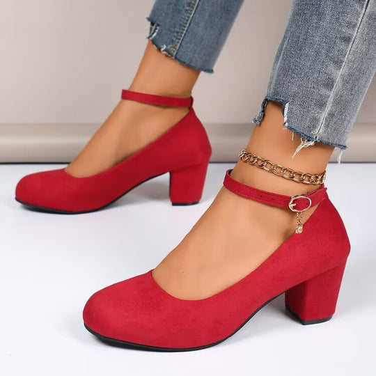 Damen Elegante Pumps mit breitem Blockabsatz und verstellbarem Knöchelriemen EB