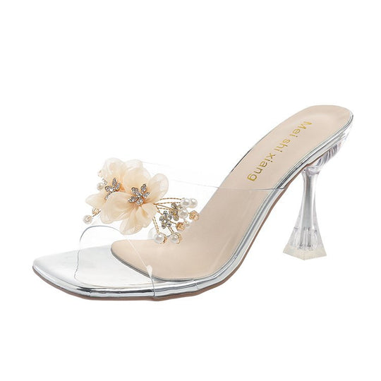Damen elegante und transparente Sandaletten mit floralem Schmuck EB