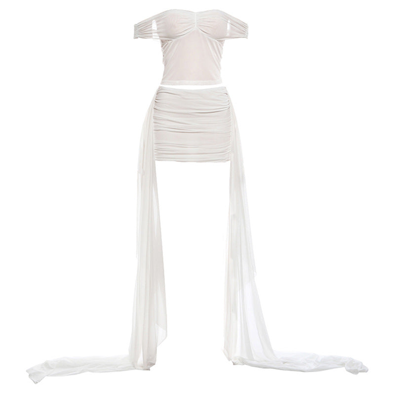 Damen Off-Shoulder Minikleid mit fließendem Chiffon und Raffung EB