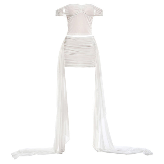 Damen Off-Shoulder Minikleid mit fließendem Chiffon und Raffung EB