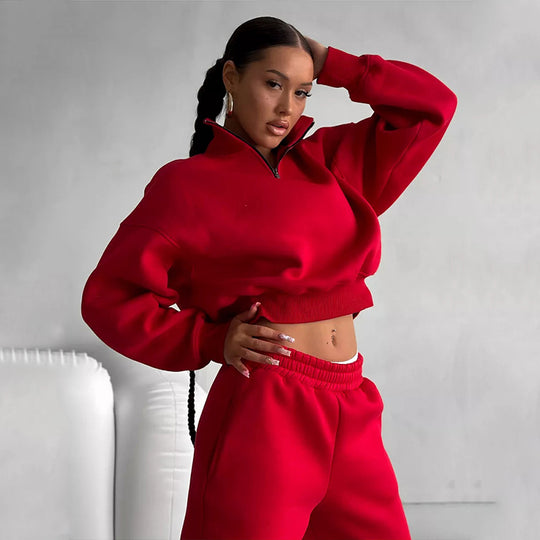 Damen Zweiteiliges Cropped-Halbzip-Sweatset mit Stehkragen und elastischer High-Waist-Jogginghose EB
