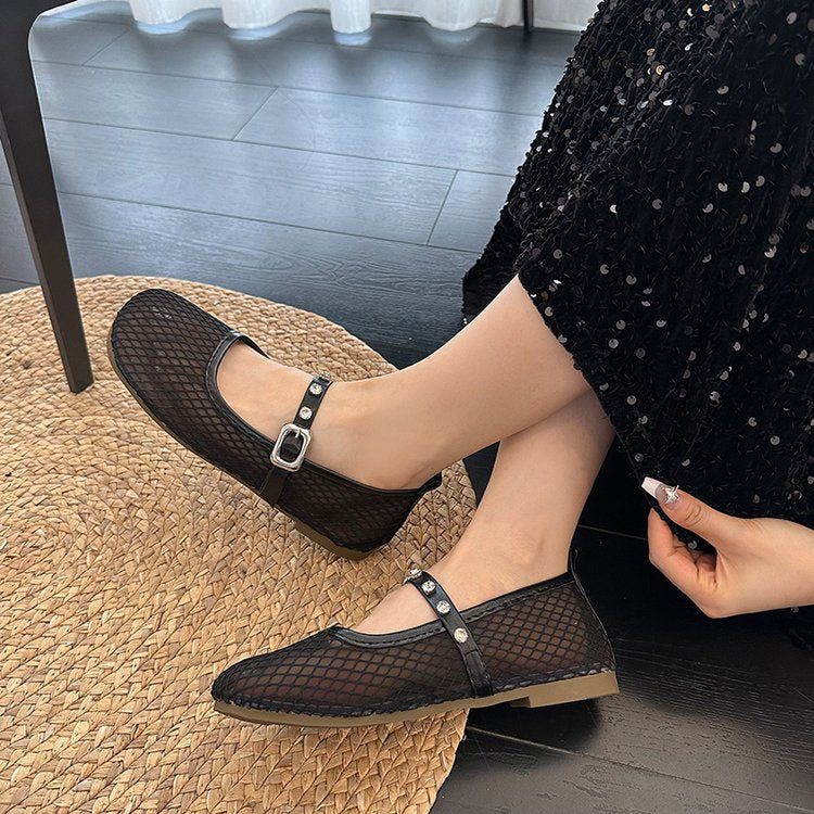 Damen Ballerinas mit dekorativem Netzdesign und funkelndem Riemen EB