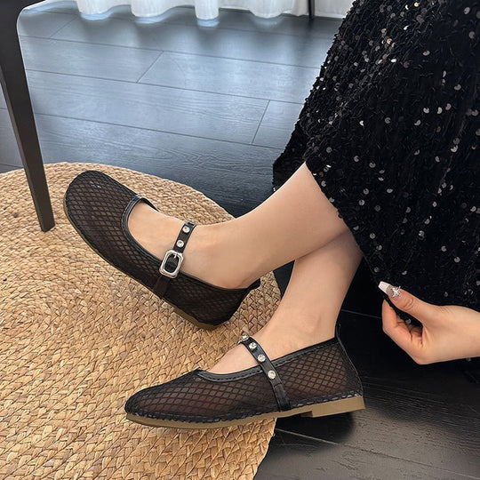 Damen Ballerinas mit dekorativem Netzdesign und funkelndem Riemen EB