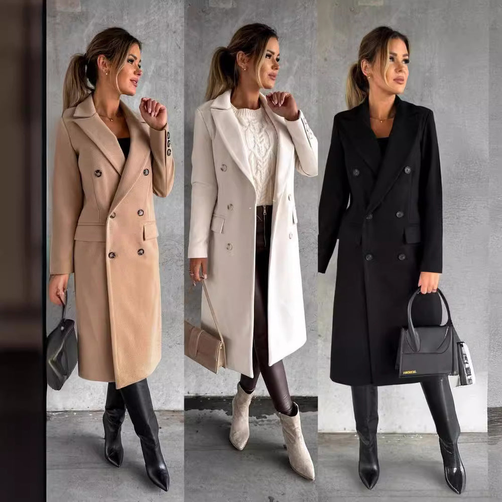 Damen Eleganter Doppelreiher-Mantel mit strukturiertem Stoff und taillierbarem Gürtel EB