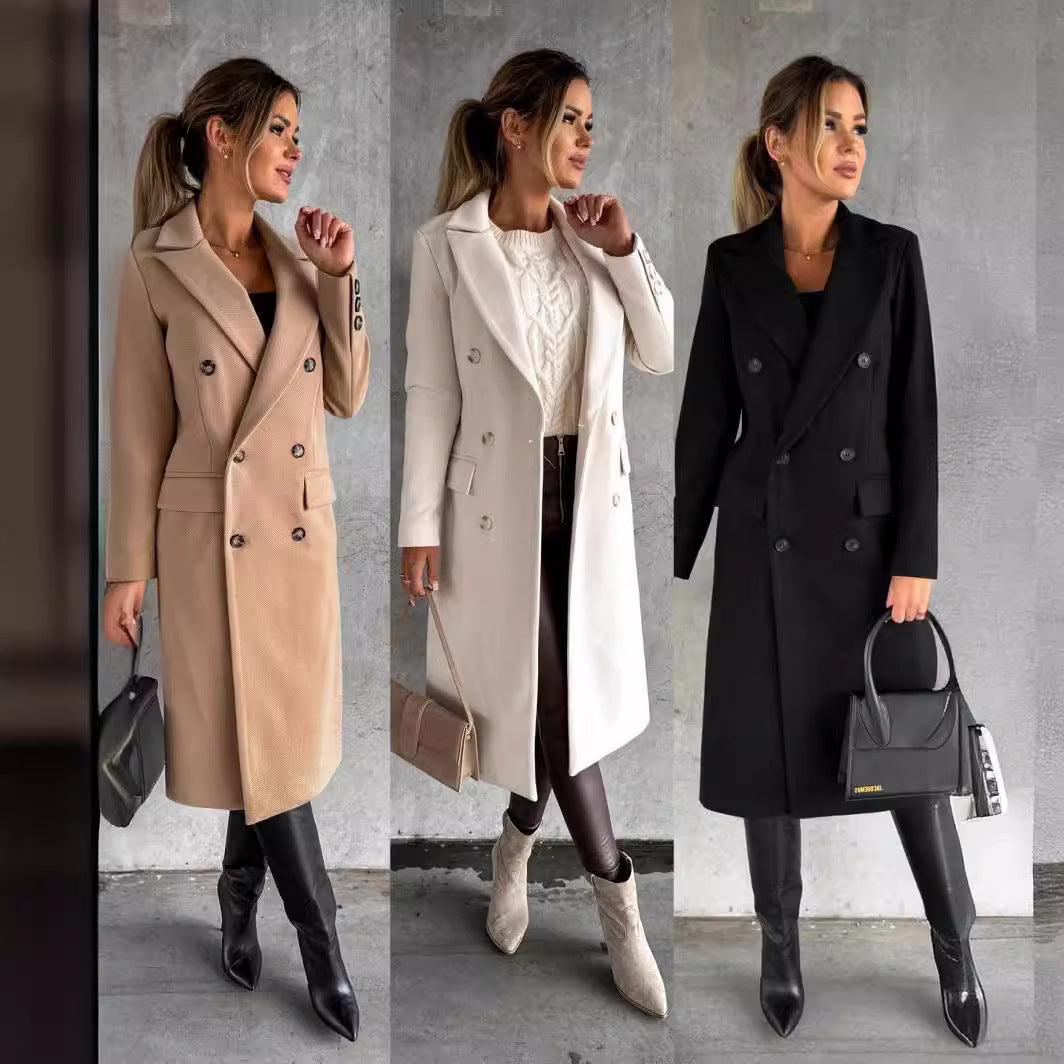 Damen Eleganter Doppelreiher-Mantel mit strukturiertem Stoff und taillierbarem Gürtel EB