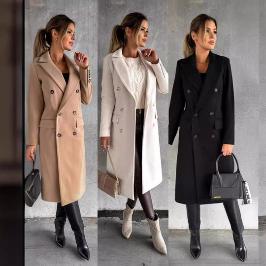 Damen Eleganter Doppelreiher-Mantel mit strukturiertem Stoff und taillierbarem Gürtel EB