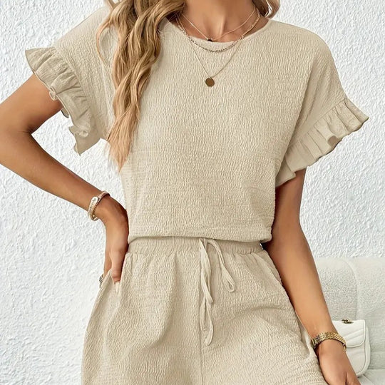 Damen lässiger Shortsanzug mit Rüschendetails und elastischem Taillenzug EB