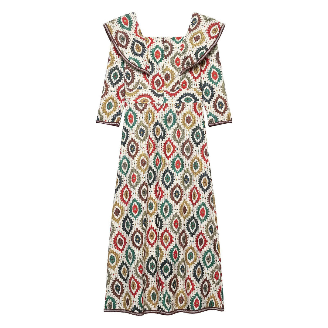 Damen Midi-Kleid mit elegantem Mustermix und voluminösem Kragen EB