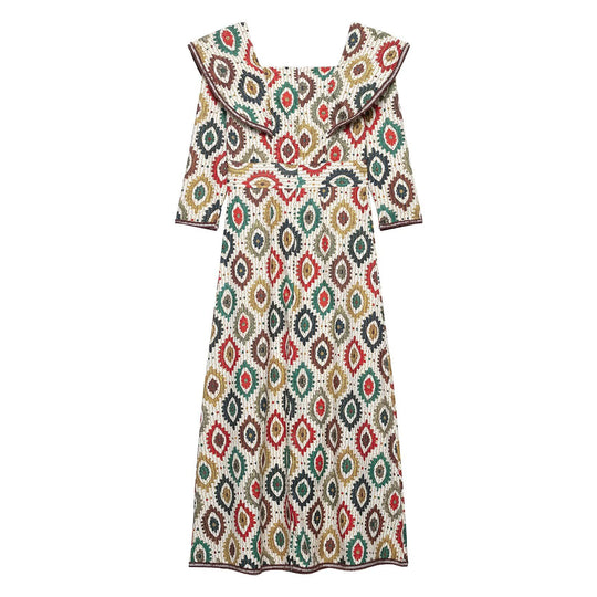 Damen Midi-Kleid mit elegantem Mustermix und voluminösem Kragen EB