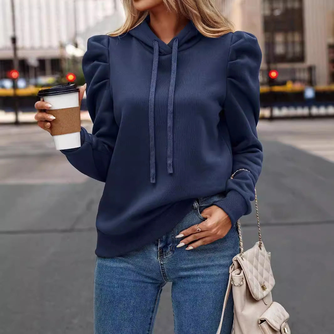 Damen lässiger Kapuzenpullover mit Puffärmeln EB