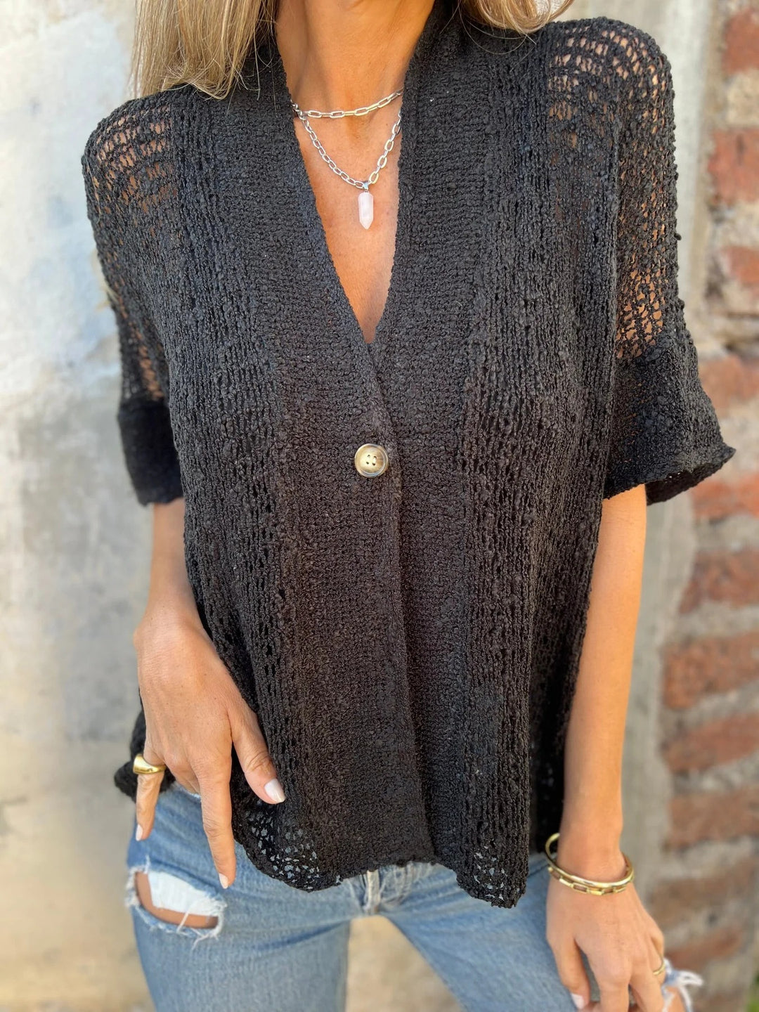 Damen luftige Strickjacke mit strukturiertem Lochmuster EB