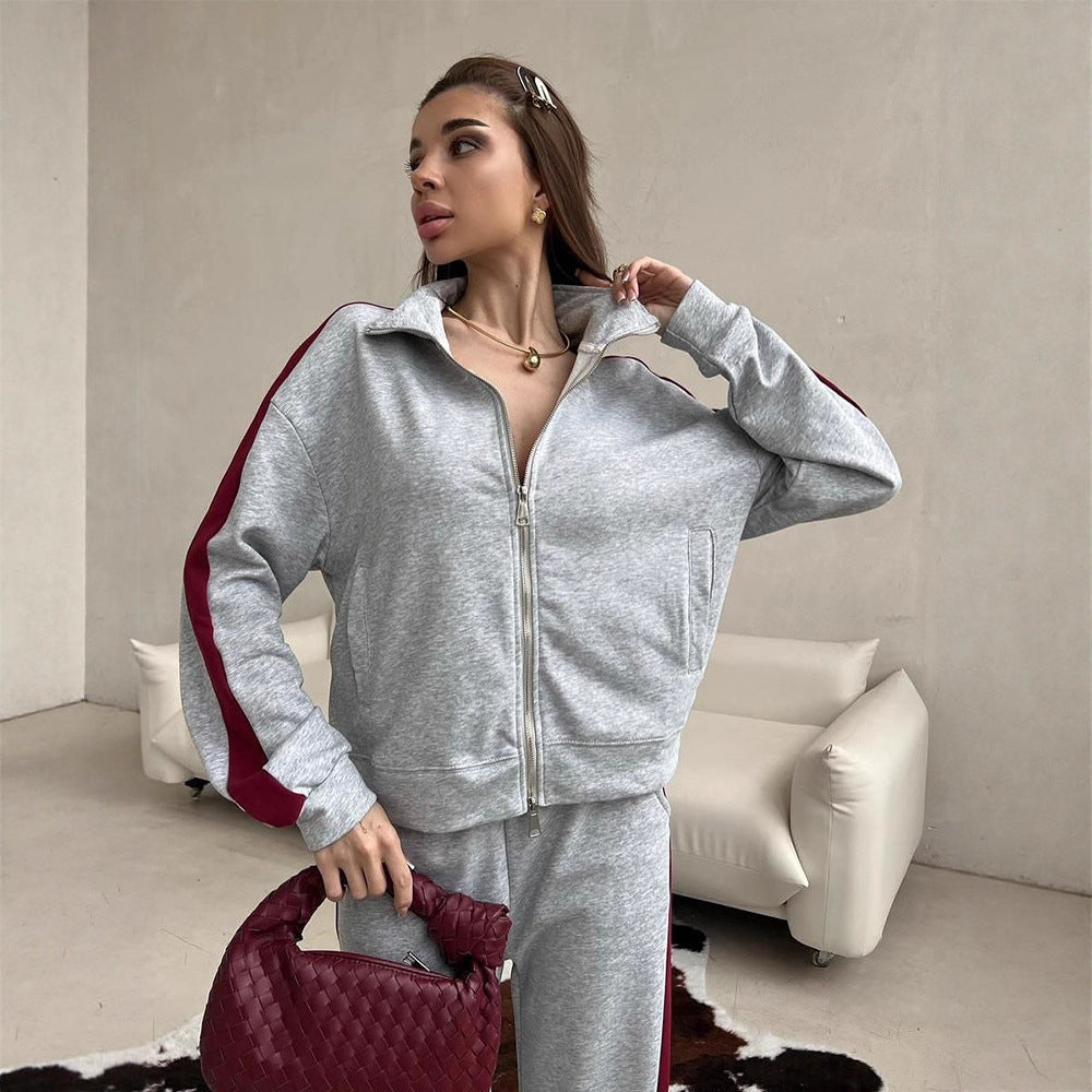 Damen Relaxed-Loungewear-Set mit kurzem Zip-Hoodie und weiter Palazzo-Jogginghose mit Seitenpaspel EB