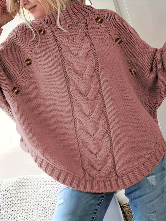 Damen Grober Strickpullover mit modernem Zopfdesign und praktischen Knöpfen EB