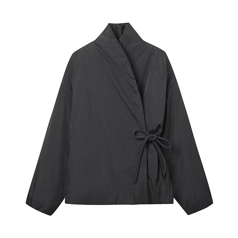 Damen modische Übergangsjacke mit hohem Kragen und Bindegürtel EB