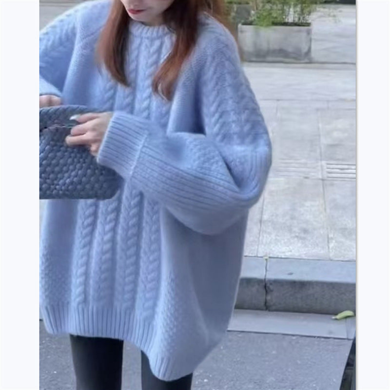 Damen Grobstrickpullover mit modischem Zopfmuster und überschnittenen Schultern EB