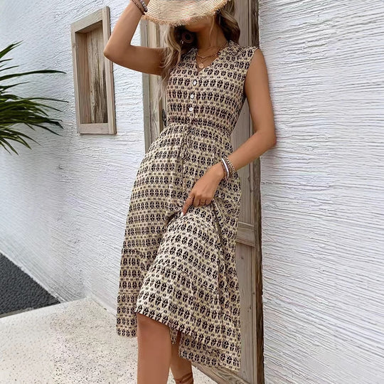 Damen Maxikleid mit Knopfleiste und elastischer Taille EB