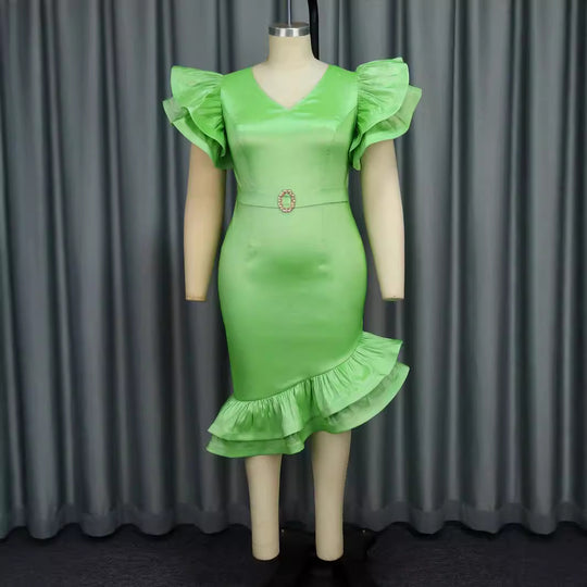 Damen elegantes Kleid mit voluminösen Rüschenärmeln und seitlichem Schlitz EB