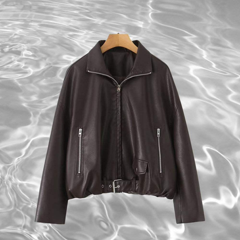 Damen Kunstlederjacke mit taillierbarem Gürtel und seitlichen Reißverschlusstaschen EB