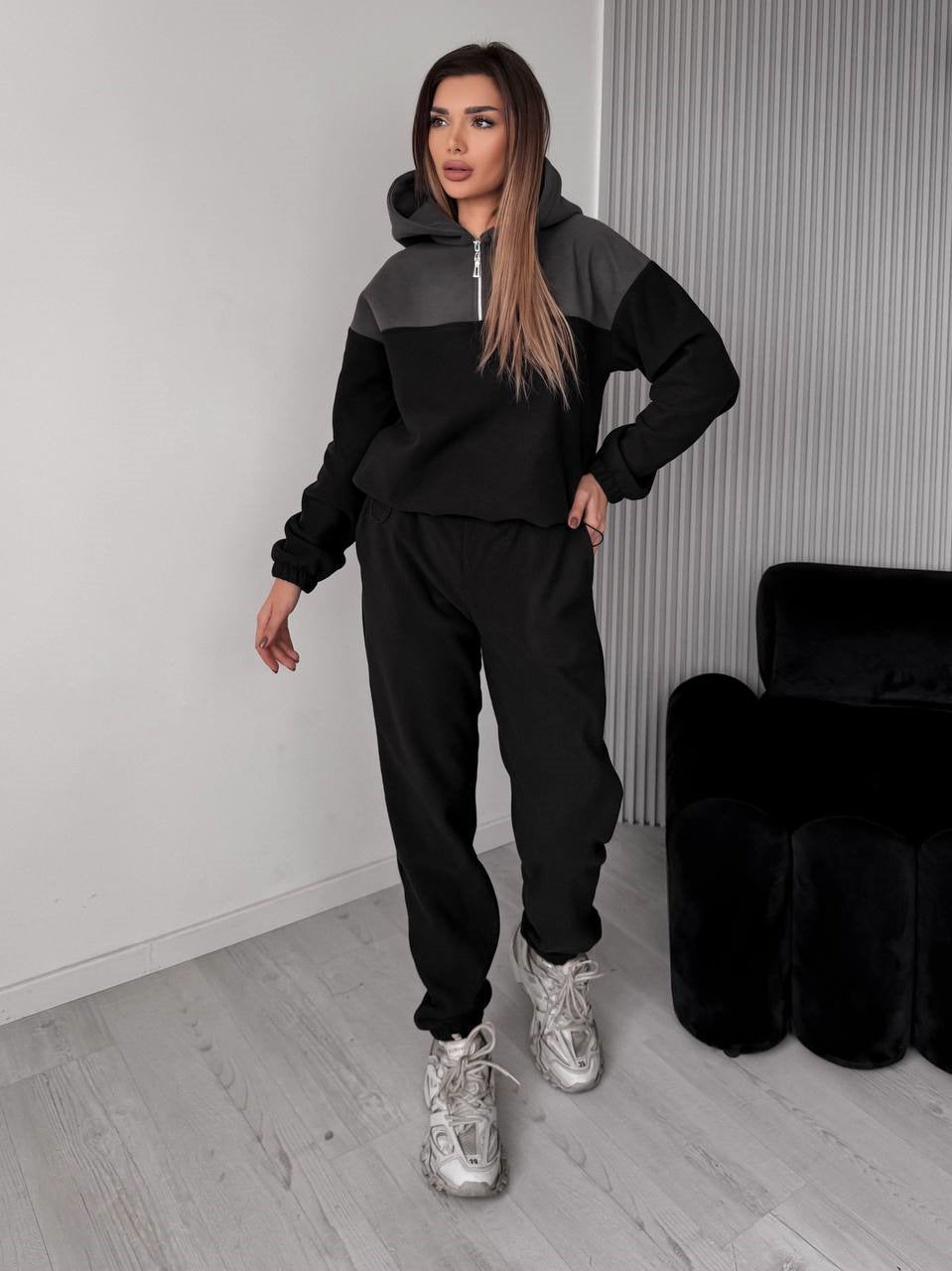 Damen Zweiteiliges Farbblock-Loungewear-Set mit halbem Reißverschluss und schmaler Jogginghose EB