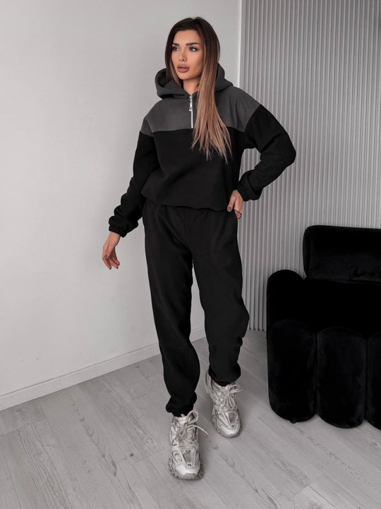 Damen Zweiteiliges Farbblock-Loungewear-Set mit halbem Reißverschluss und schmaler Jogginghose EB