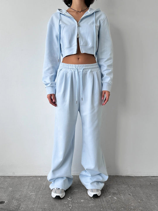 Damen Kurzes Zip-Kapuzen-Set mit taillenhoher weiter Loungehose EB