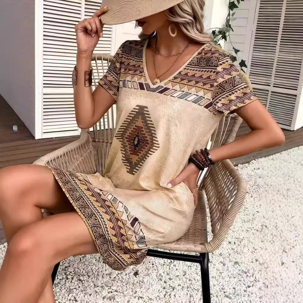 Damen lässiges Tunika-Kleid mit ethnischem Muster EB