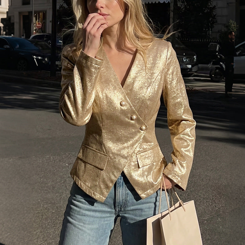 Damen Taillierter Metallic-Blazer mit Perlenknopfleiste und Schößchen EB
