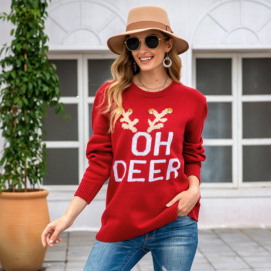 Damen Großer Strickpullover mit festlichem Motiv EB
