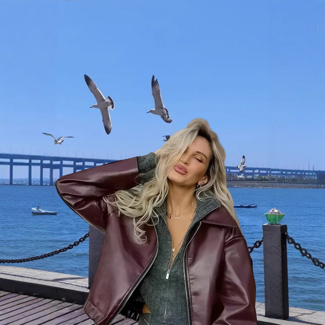 Damen Kunstlederjacke mit Stehkragen und voluminösen Ärmeln EB