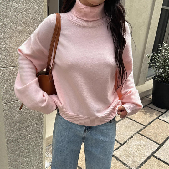 Damen nan oversize Rollkragenpullover mit breitem Rippkragen, voluminösen Ballonärmeln und verlängertem Bündchen EB