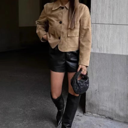 Damen Wildlederimitat Jacke mit Knopfleiste und Taschen EB