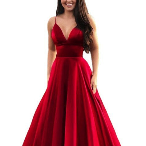 Damen A-Linien Abendkleid mit tiefem Ausschnitt und schmalen Trägern EB