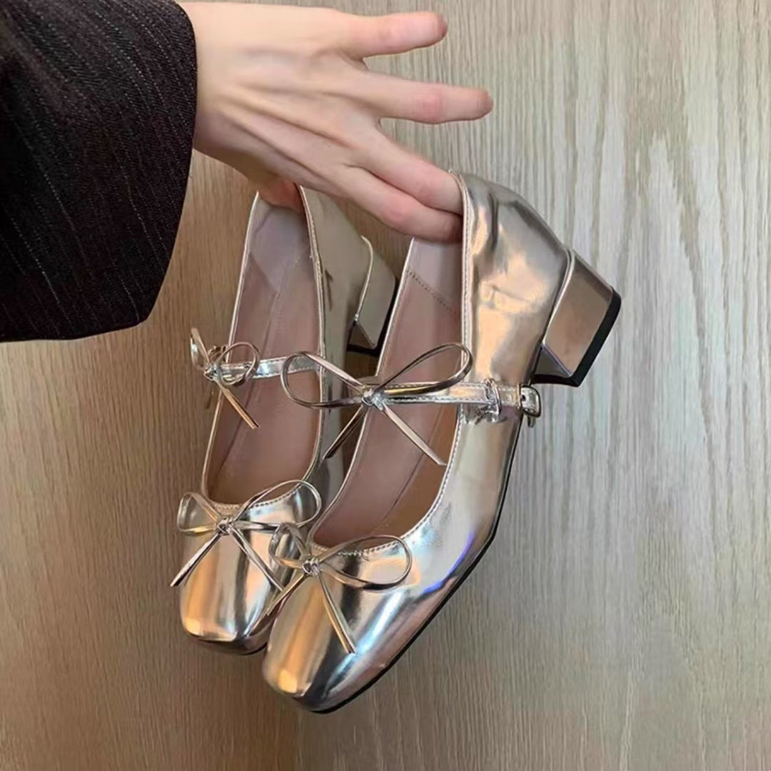 Damen elegante Ballerinas mit glänzender Oberfläche und niedlichem Schleifendetail EB