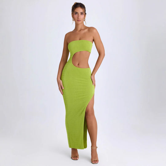 Damen Elegantes Cut-Out Maxikleid mit Schulterfreiem Design und Hohem Schlitz EB