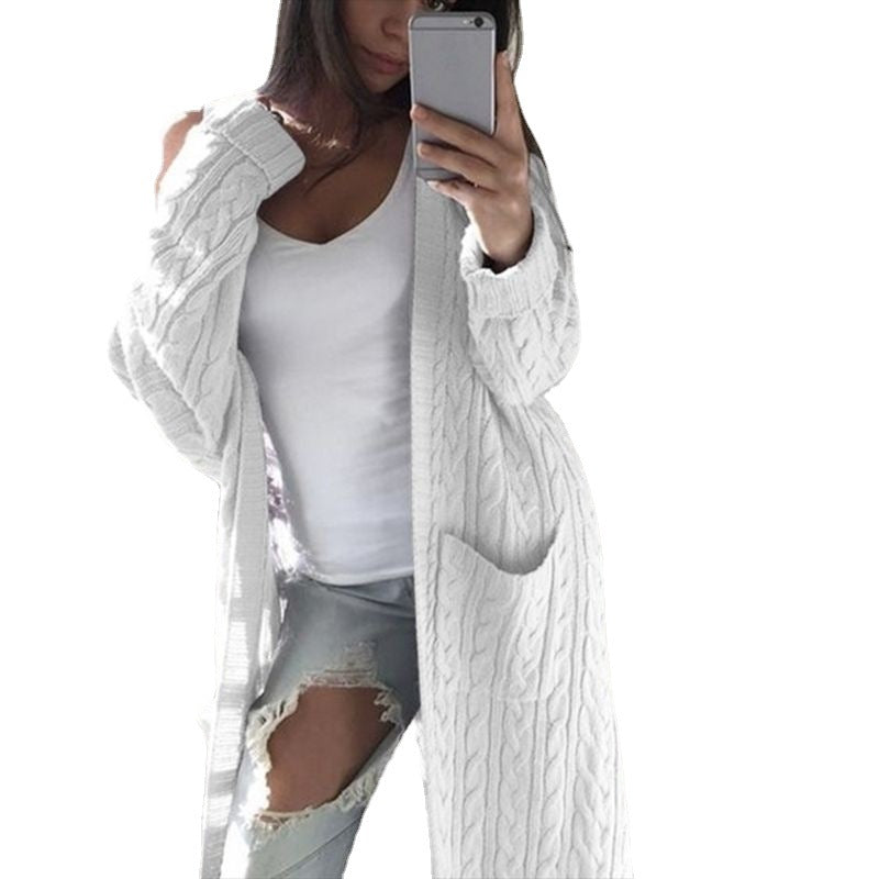 Damen gemusterter Strickmantel mit praktischen Taschen und offenem Schnitt EB