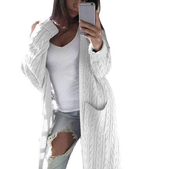 Damen gemusterter Strickmantel mit praktischen Taschen und offenem Schnitt EB