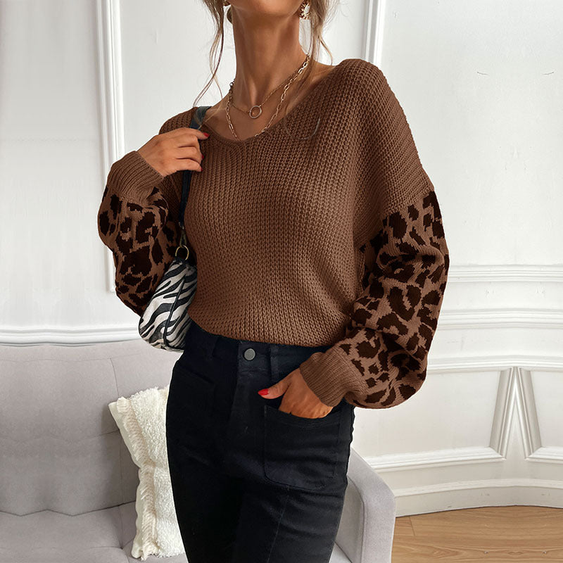 Damen Strickpullover mit modischem Leopardenmuster an den Ärmeln EB
