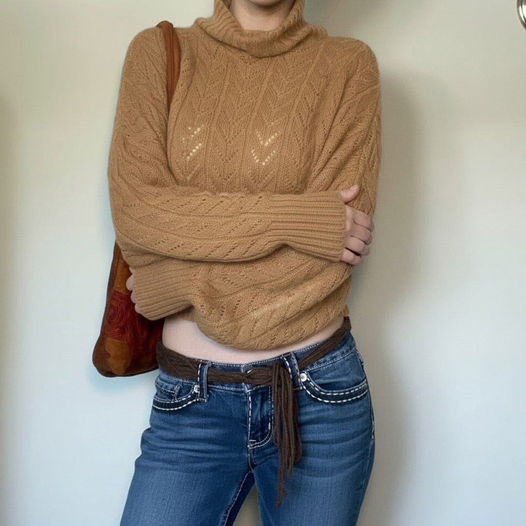 Damen nan kurzes Strick-Turtleneck mit Zierknopfleiste und Ballonärmeln EB