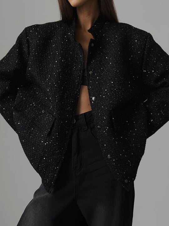 Damen Glamouröse Glitzerjacke mit oversized Schnitt und modischen Taschen EB