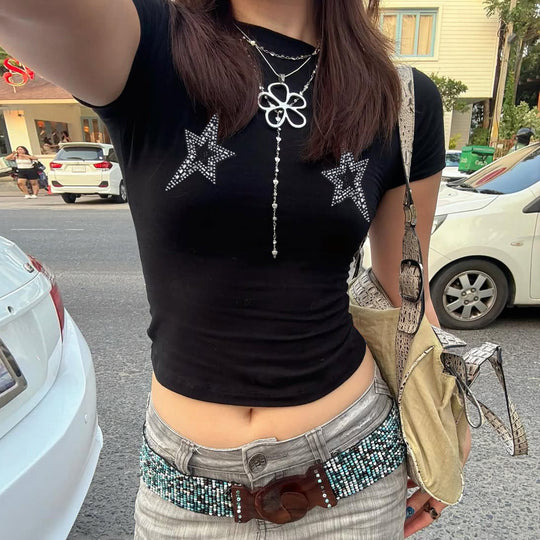 Damen Crop-Top mit glamourösen Sternenapplikationen EB