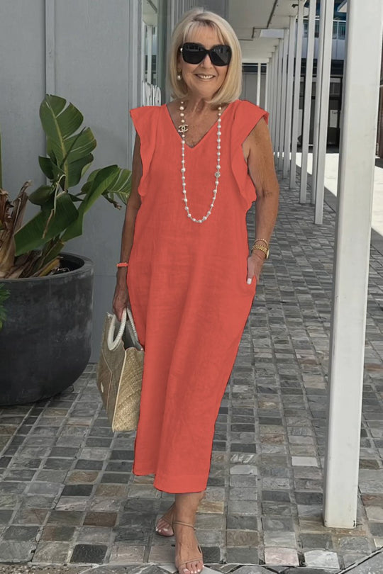 Damen Leichtes Maxikleid mit V-Ausschnitt und seitlichen Taschen EB
