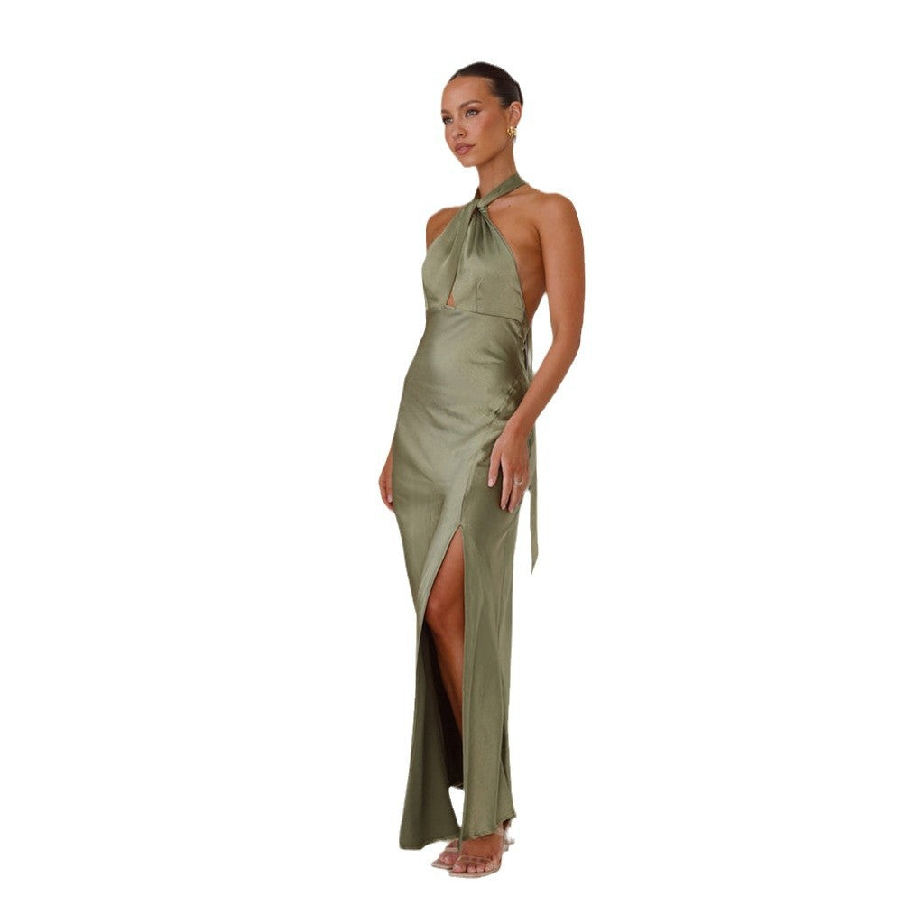 Damen Elegantes Wickelmaxikleid im Halterneck-Stil mit seitlichem Schlitz und Taillengürtel EB