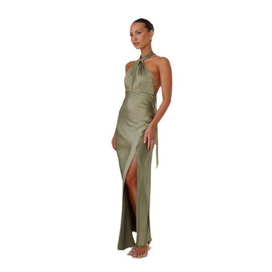 Damen Elegantes Wickelmaxikleid im Halterneck-Stil mit seitlichem Schlitz und Taillengürtel EB