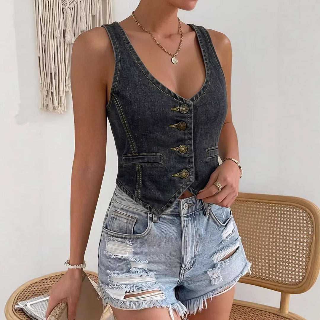 Damen Denim Bustier-Top mit Knopfdetails und verlängerter Silhouette EB